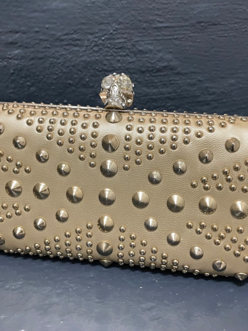 Edgy Gold Studded Skull Box Clutch with Crossbody Chain